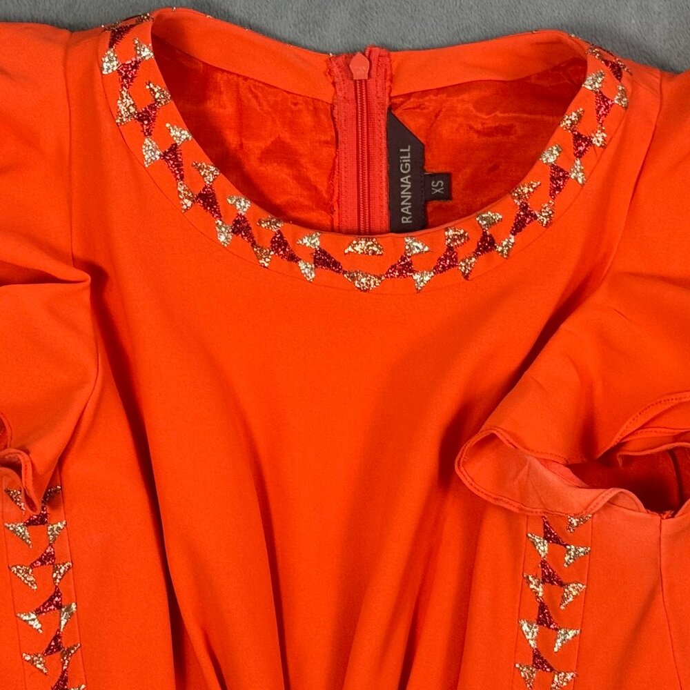 Ranna Gill Orange Metallic Embroidered Fit & Flare Dress - Picture 4 of 6